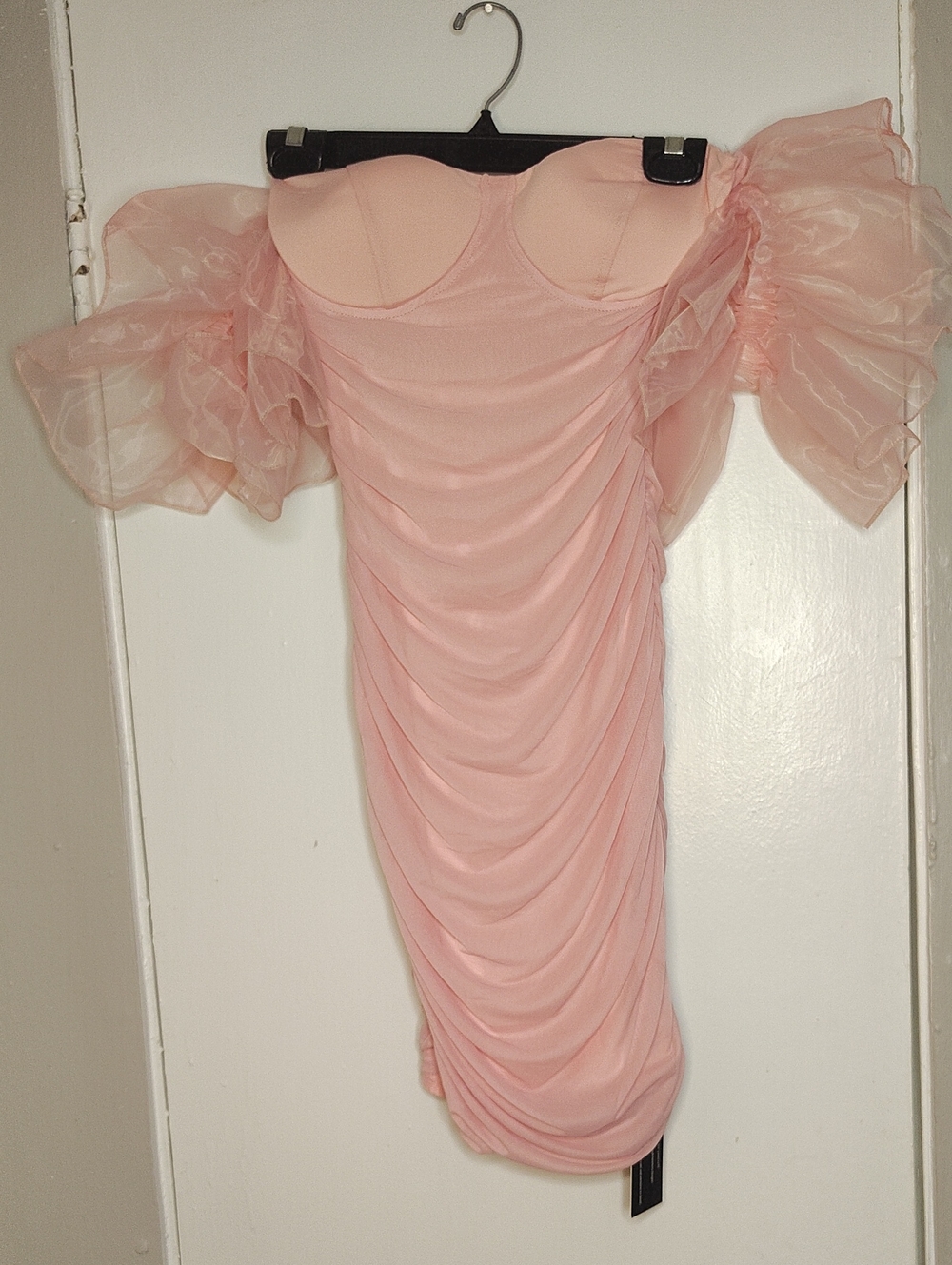 Strapless Blush Pink Ruched Dress with Puff Organza Sleeves Size M